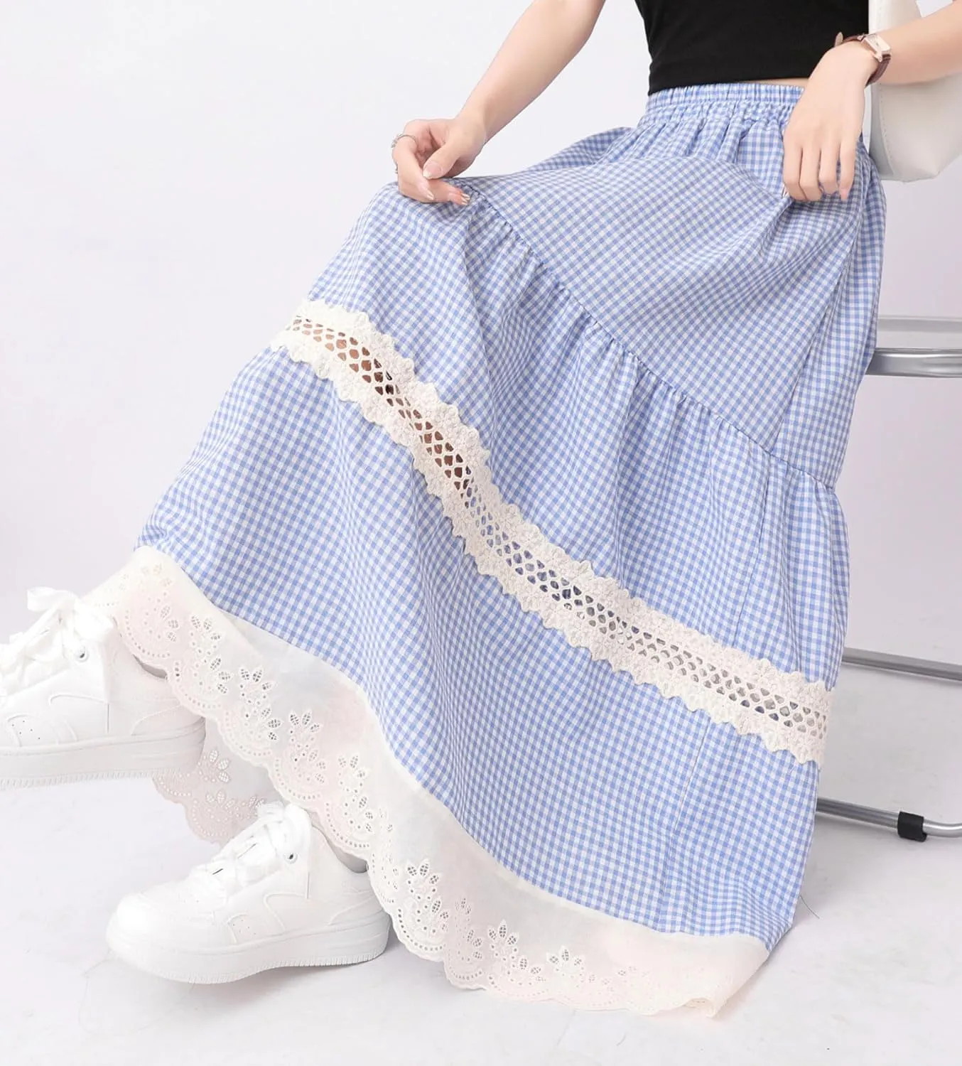 chouyatou Women's Hollow Out Eyelet Plaid Skirt Elastic Waist Ruffle Hem Gingham Swing Midi Long Skirt