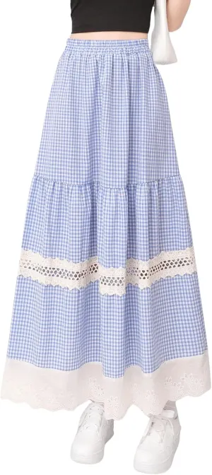 chouyatou Women's Hollow Out Eyelet Plaid Skirt Elastic Waist Ruffle Hem Gingham Swing Midi Long Skirt