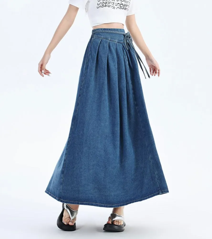 chouyatou Women's Sexy Tie Waist Maxi Denim Skirt High Elastic Waist Pleated A-Line Swing Long Jean Skirt