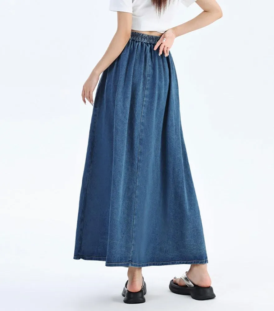 chouyatou Women's Sexy Tie Waist Maxi Denim Skirt High Elastic Waist Pleated A-Line Swing Long Jean Skirt