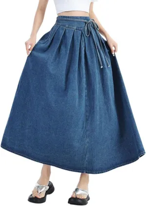 chouyatou Women's Sexy Tie Waist Maxi Denim Skirt High Elastic Waist Pleated A-Line Swing Long Jean Skirt