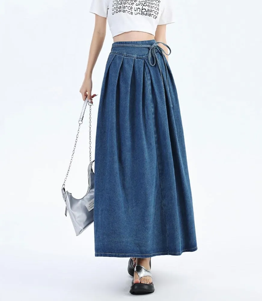 chouyatou Women's Sexy Tie Waist Maxi Denim Skirt High Elastic Waist Pleated A-Line Swing Long Jean Skirt