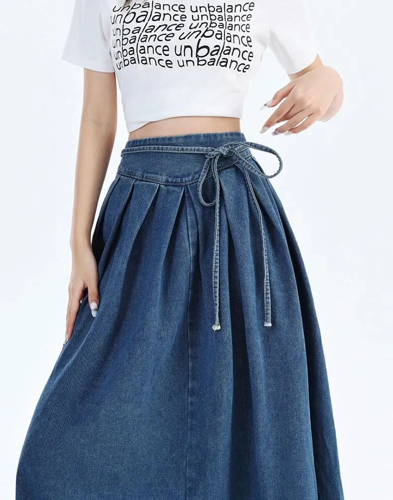 chouyatou Women's Sexy Tie Waist Maxi Denim Skirt High Elastic Waist Pleated A-Line Swing Long Jean Skirt