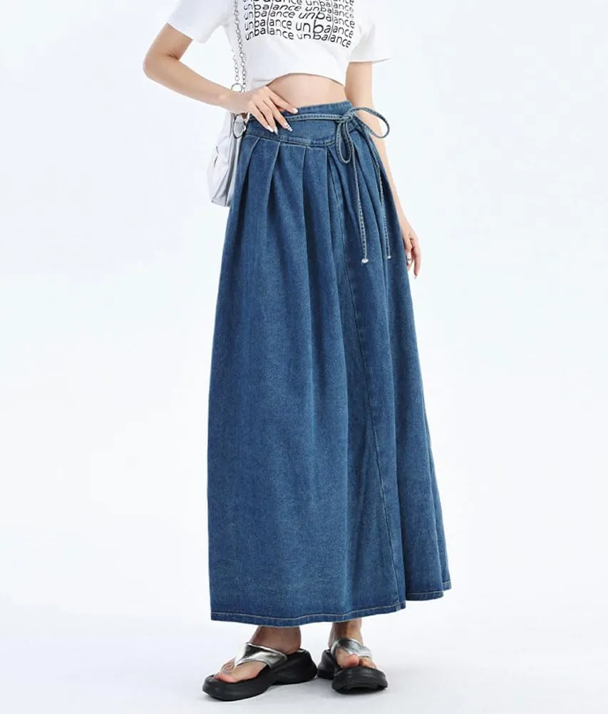 chouyatou Women's Sexy Tie Waist Maxi Denim Skirt High Elastic Waist Pleated A-Line Swing Long Jean Skirt