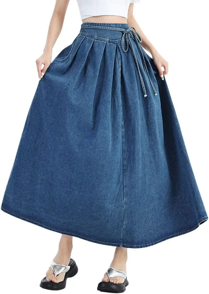 chouyatou Women's Sexy Tie Waist Maxi Denim Skirt High Elastic Waist Pleated A-Line Swing Long Jean Skirt