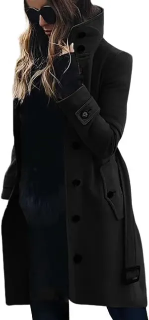 chouyatou Women's Single Breasted Stand Collar Wool Coat Business Casual Midi Long Winter Pea Coat