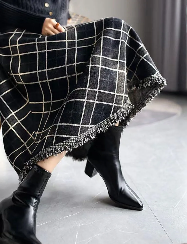 chouyatou Women's Winter Plaid Knit Skirt Tassel Hem High Elastic Waist Swing Midi Long Skirt