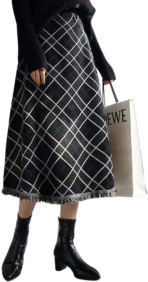 chouyatou Women's Winter Plaid Knit Skirt Tassel Hem High Elastic Waist Swing Midi Long Skirt