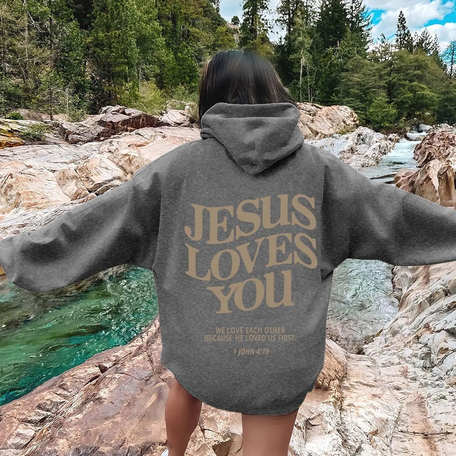 Christian Hoodie Women Jesus Loves You Letter Graphic Y2K Preppy Oversized Sweatshirt Long Sleeve Fall Pullover Tops