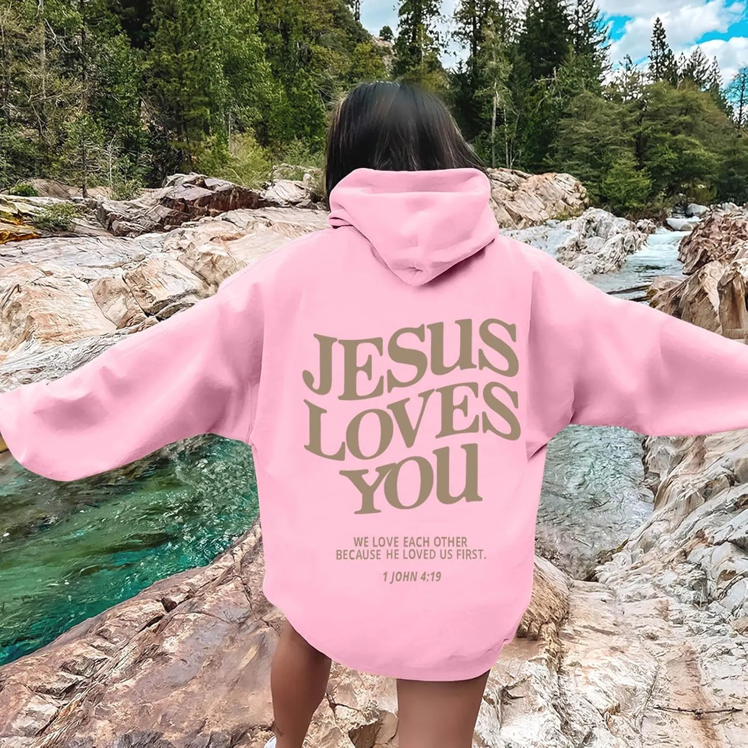 Christian Hoodie Women Jesus Loves You Letter Graphic Y2K Preppy Oversized Sweatshirt Long Sleeve Fall Pullover Tops