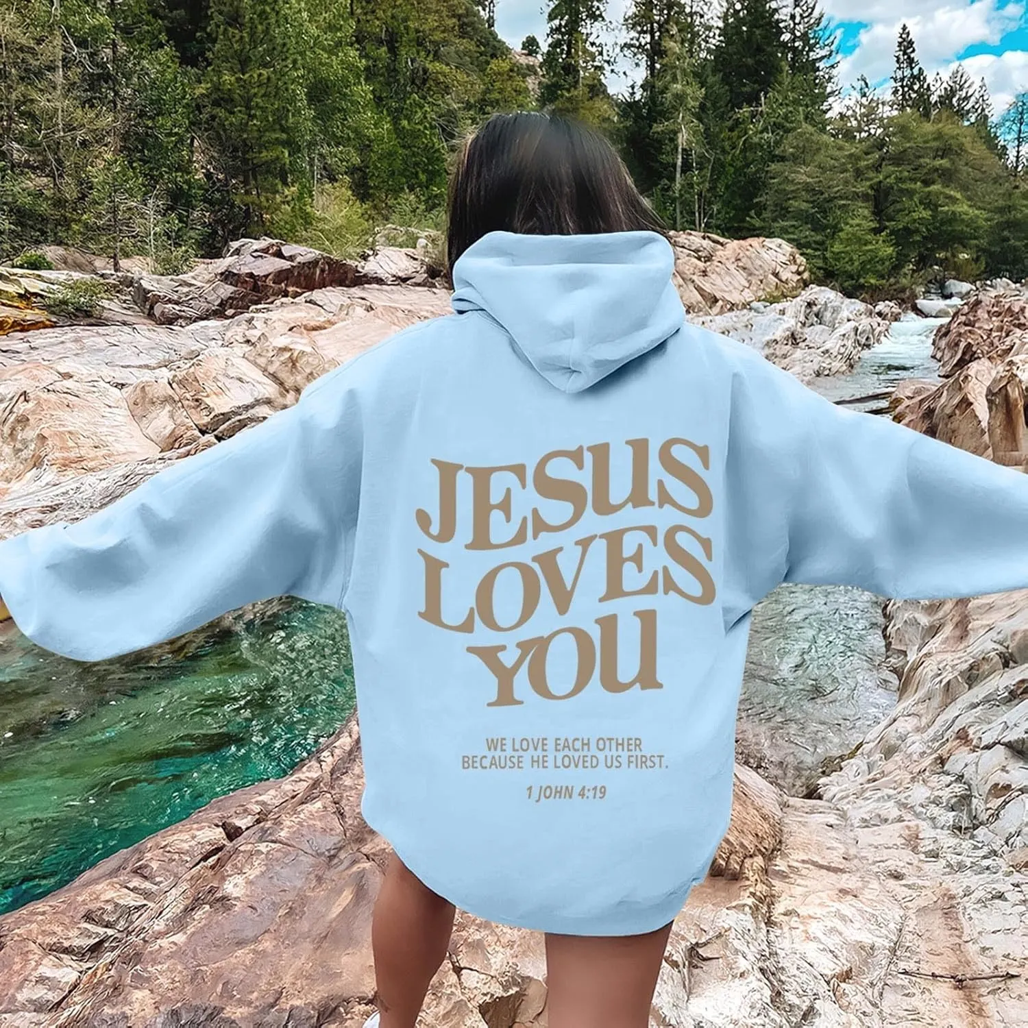 Christian Hoodie Women Jesus Loves You Letter Graphic Y2K Preppy Oversized Sweatshirt Long Sleeve Fall Pullover Tops