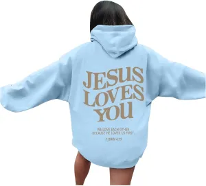 Christian Hoodie Women Jesus Loves You Letter Graphic Y2K Preppy Oversized Sweatshirt Long Sleeve Fall Pullover Tops