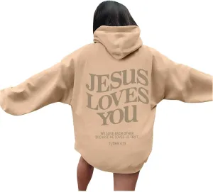 Christian Hoodie Women Jesus Loves You Letter Graphic Y2K Preppy Oversized Sweatshirt Long Sleeve Fall Pullover Tops