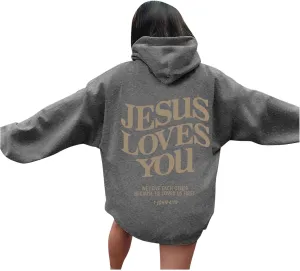 Christian Hoodie Women Jesus Loves You Letter Graphic Y2K Preppy Oversized Sweatshirt Long Sleeve Fall Pullover Tops