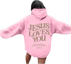 Christian Hoodie Women Jesus Loves You Letter Graphic Y2K Preppy Oversized Sweatshirt Long Sleeve Fall Pullover Tops