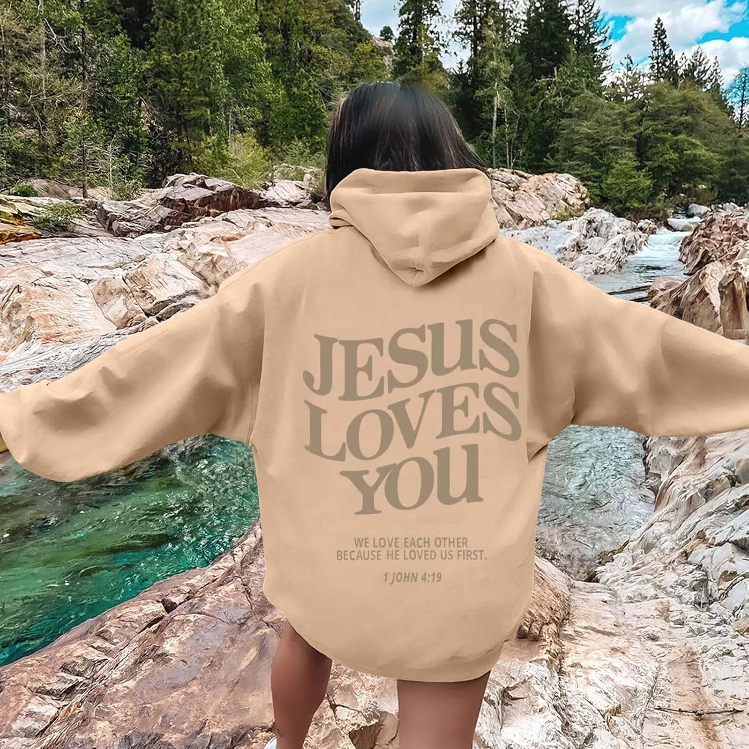 Christian Hoodie Women Jesus Loves You Letter Graphic Y2K Preppy Oversized Sweatshirt Long Sleeve Fall Pullover Tops
