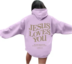 Christian Hoodie Women Jesus Loves You Letter Graphic Y2K Preppy Oversized Sweatshirt Long Sleeve Fall Pullover Tops