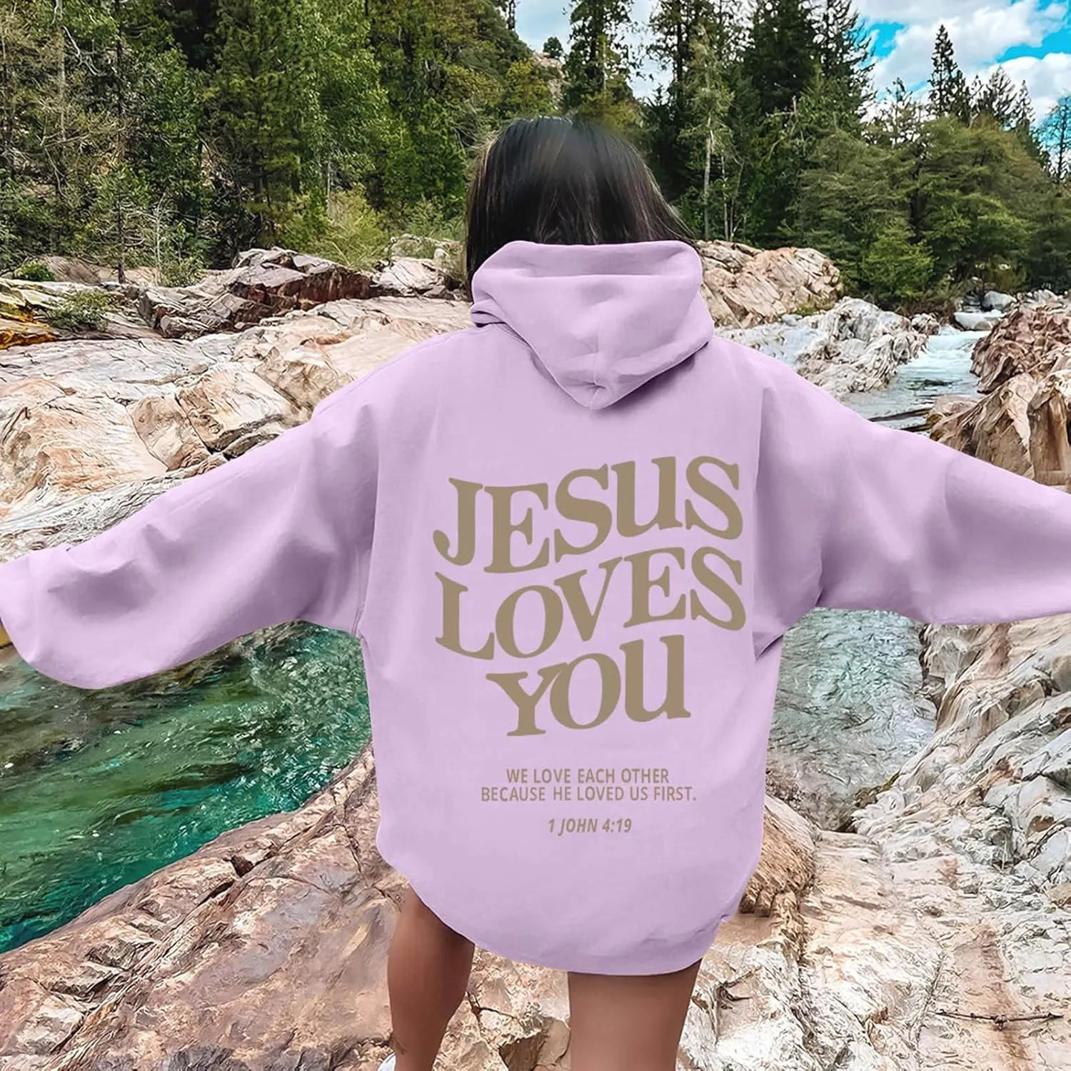 Christian Hoodie Women Jesus Loves You Letter Graphic Y2K Preppy Oversized Sweatshirt Long Sleeve Fall Pullover Tops