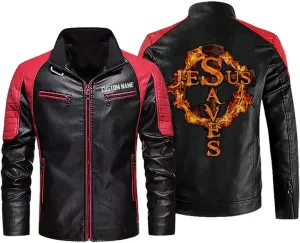 Christian Inspirational Gifts Jesus Saves Cross on Fire Personalized Customize Men Leather Vest Jacket