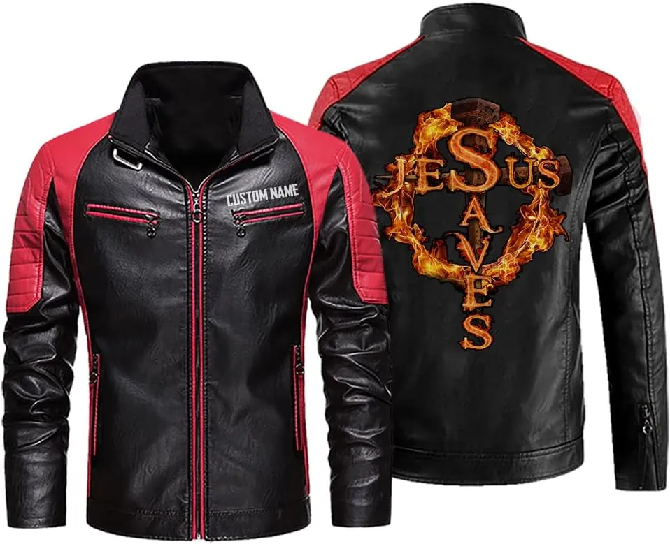 Christian Inspirational Gifts Jesus Saves Cross on Fire Personalized Customize Men Leather Vest Jacket