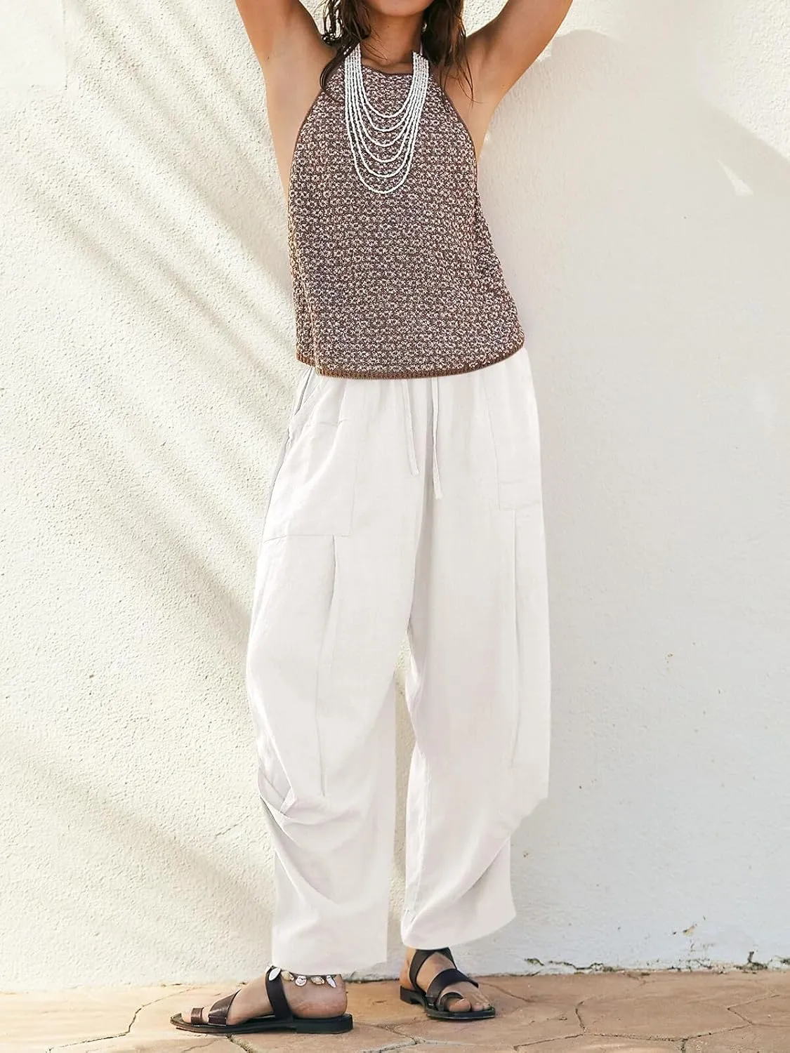 Cicy Bell Womens Beach Harem Pants Baggy Wide Leg Drawstring Summer Linen Palazzo Pants with Pockets