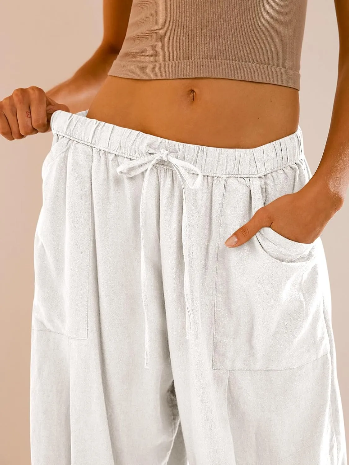 Cicy Bell Womens Beach Harem Pants Baggy Wide Leg Drawstring Summer Linen Palazzo Pants with Pockets