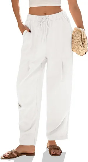 Cicy Bell Womens Beach Harem Pants Baggy Wide Leg Drawstring Summer Linen Palazzo Pants with Pockets