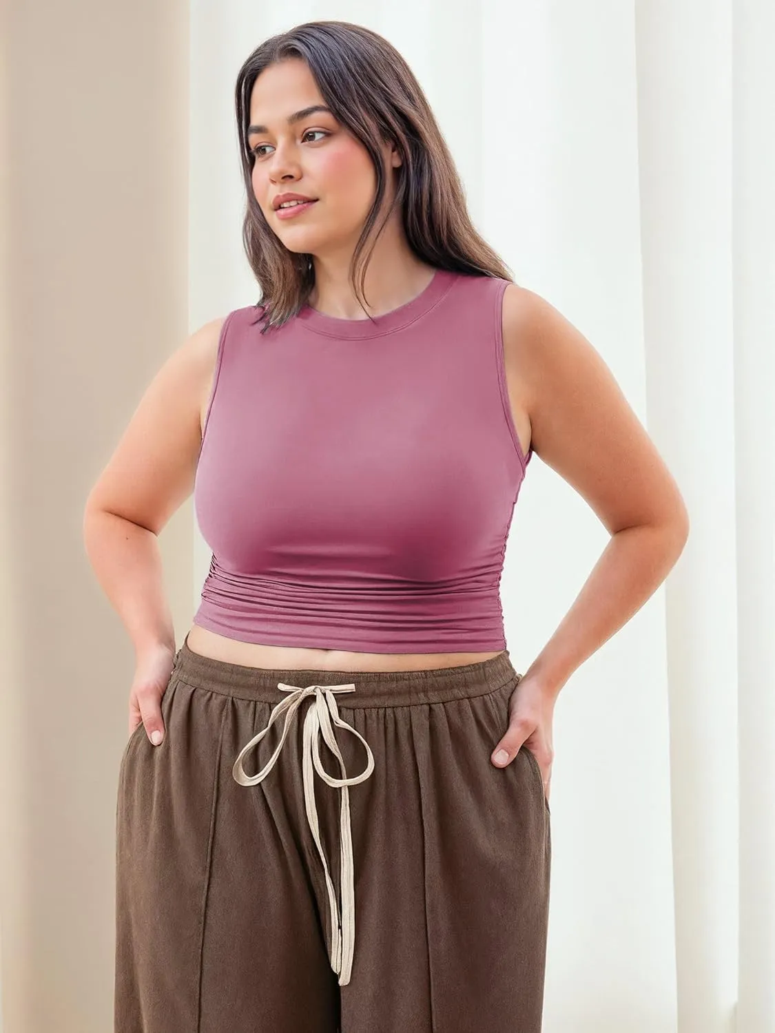 CIDER Plus Size Tops for Women Sleeveless Ruched Crew Neck Crop Tank Top Summer Casual Outfits