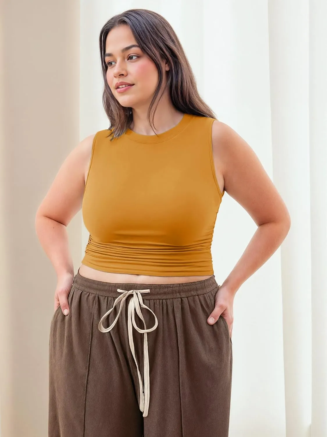 CIDER Plus Size Tops for Women Sleeveless Ruched Crew Neck Crop Tank Top Summer Casual Outfits