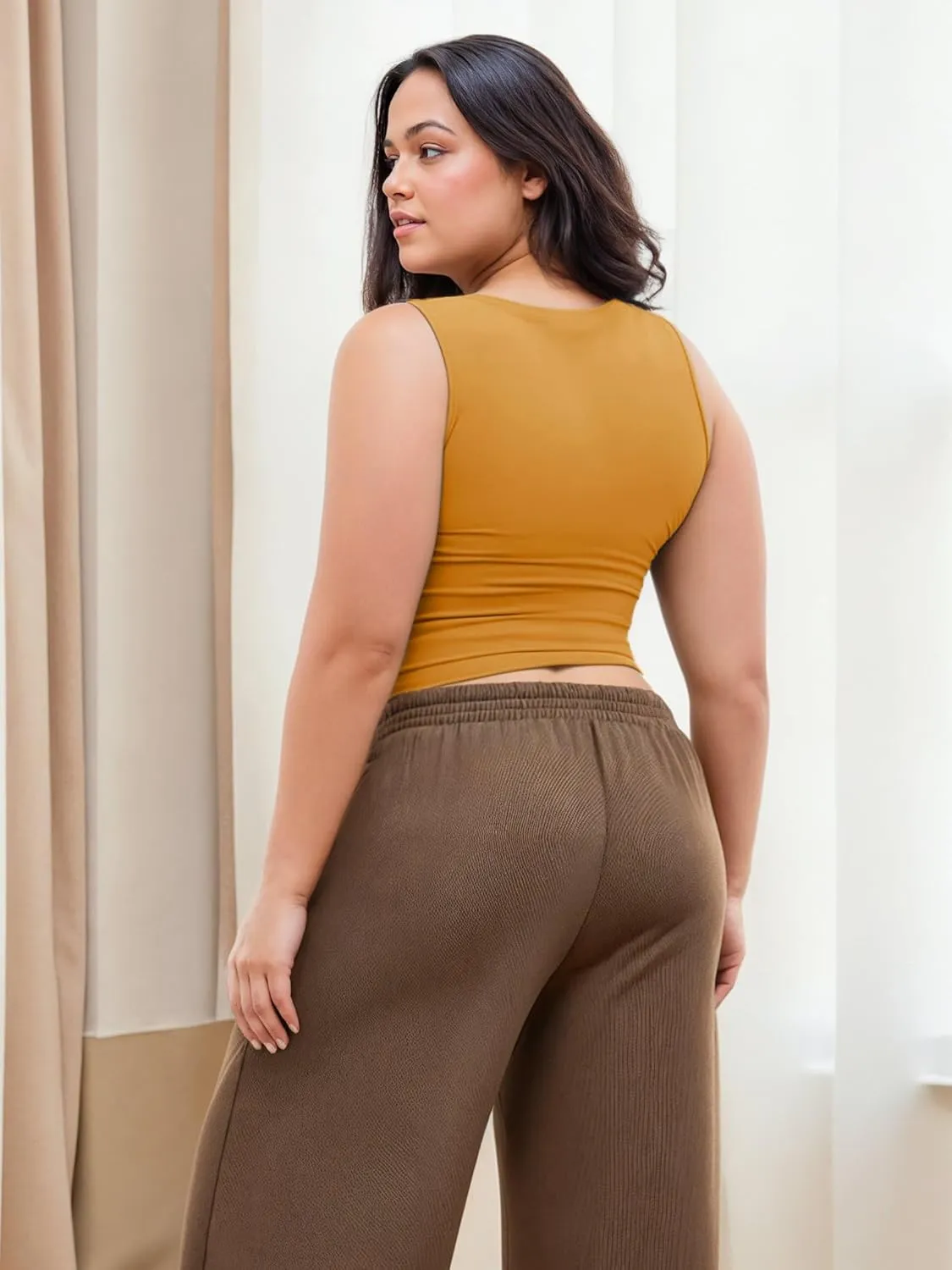 CIDER Plus Size Tops for Women Sleeveless Ruched Crew Neck Crop Tank Top Summer Casual Outfits