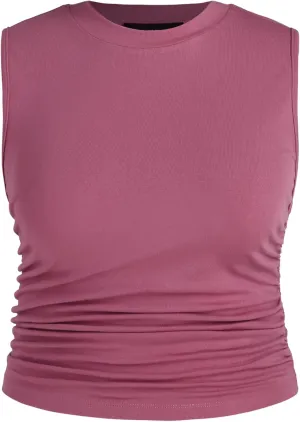 CIDER Plus Size Tops for Women Sleeveless Ruched Crew Neck Crop Tank Top Summer Casual Outfits