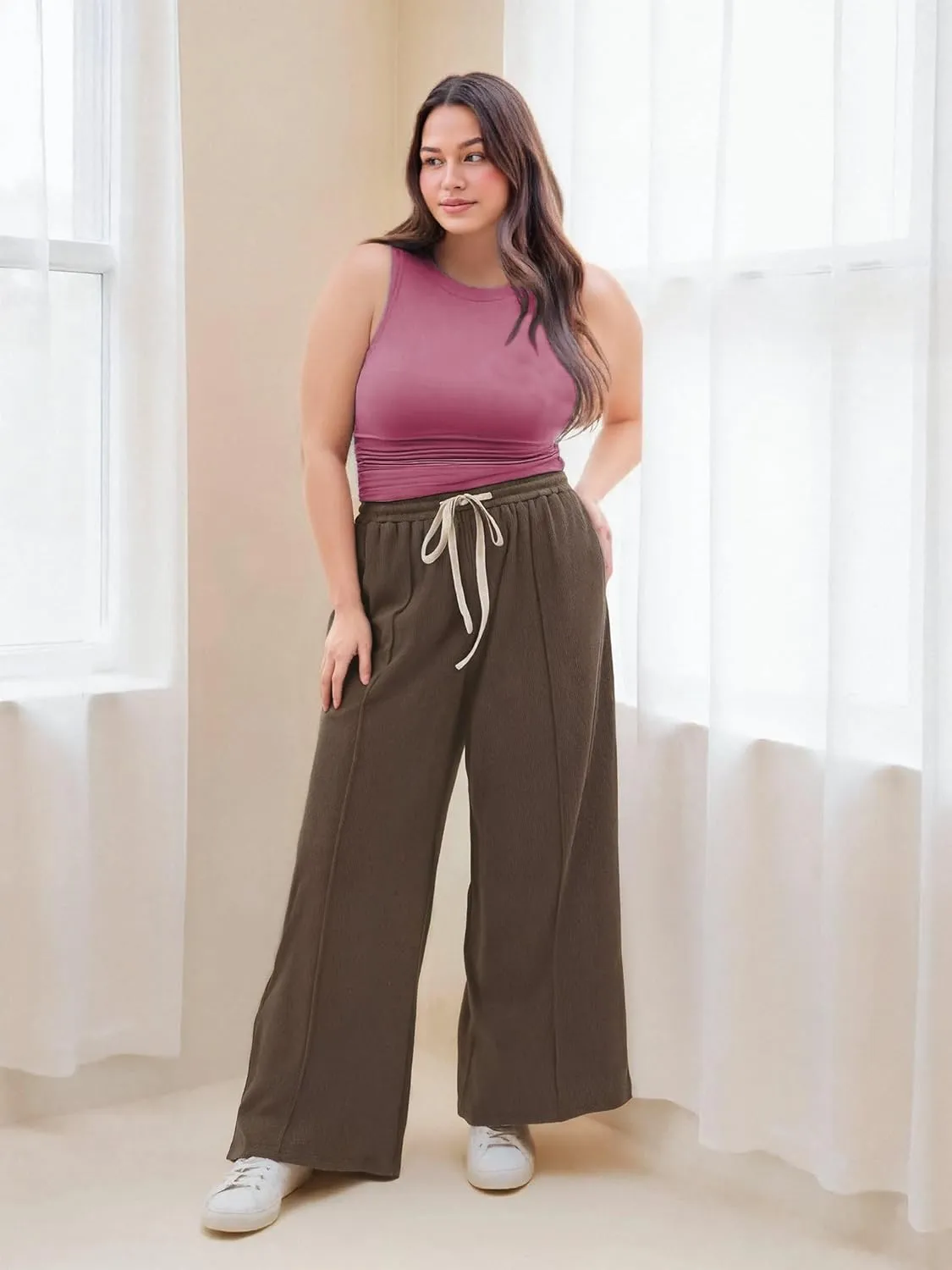 CIDER Plus Size Tops for Women Sleeveless Ruched Crew Neck Crop Tank Top Summer Casual Outfits
