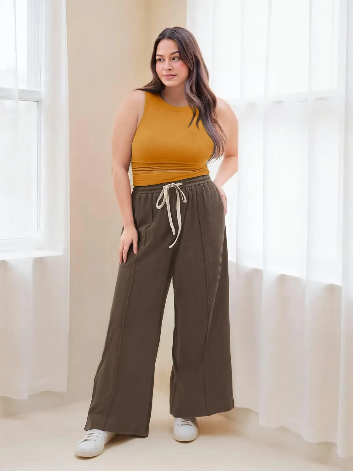 CIDER Plus Size Tops for Women Sleeveless Ruched Crew Neck Crop Tank Top Summer Casual Outfits