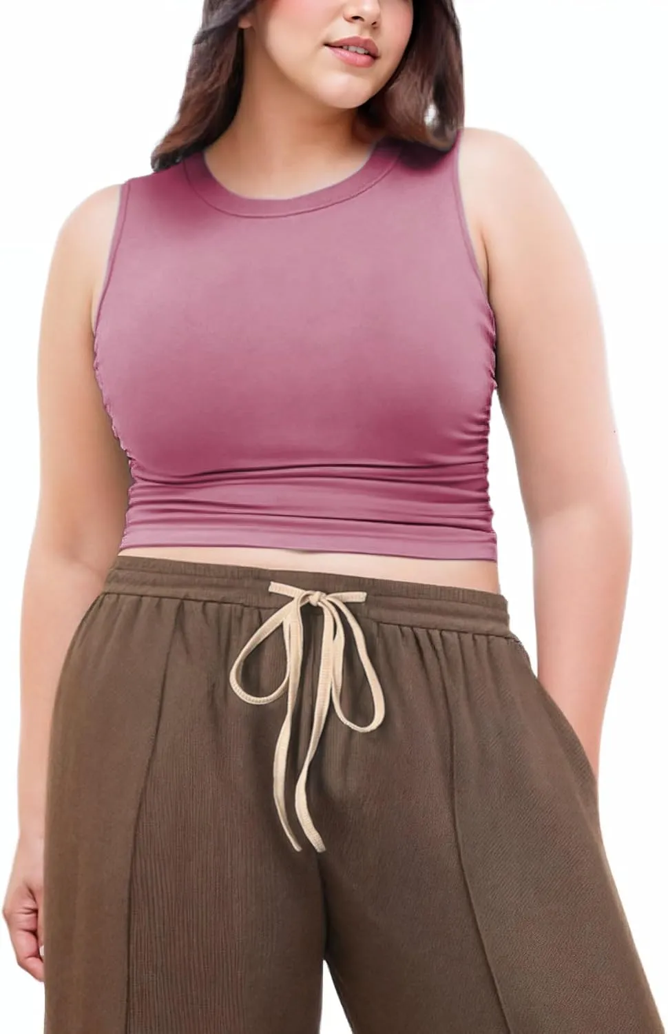 CIDER Plus Size Tops for Women Sleeveless Ruched Crew Neck Crop Tank Top Summer Casual Outfits