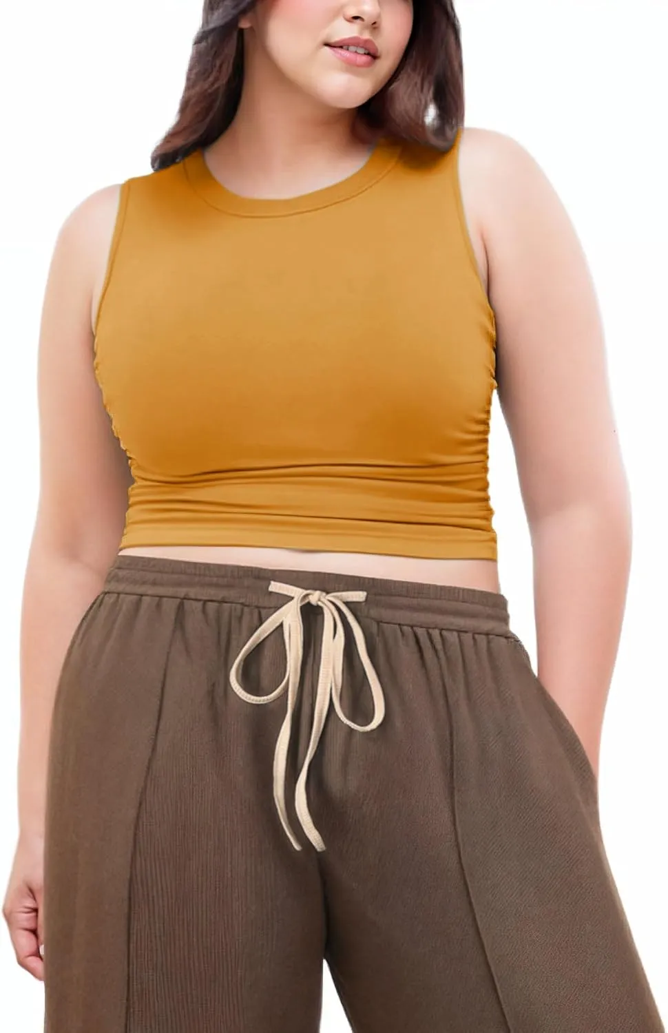 CIDER Plus Size Tops for Women Sleeveless Ruched Crew Neck Crop Tank Top Summer Casual Outfits