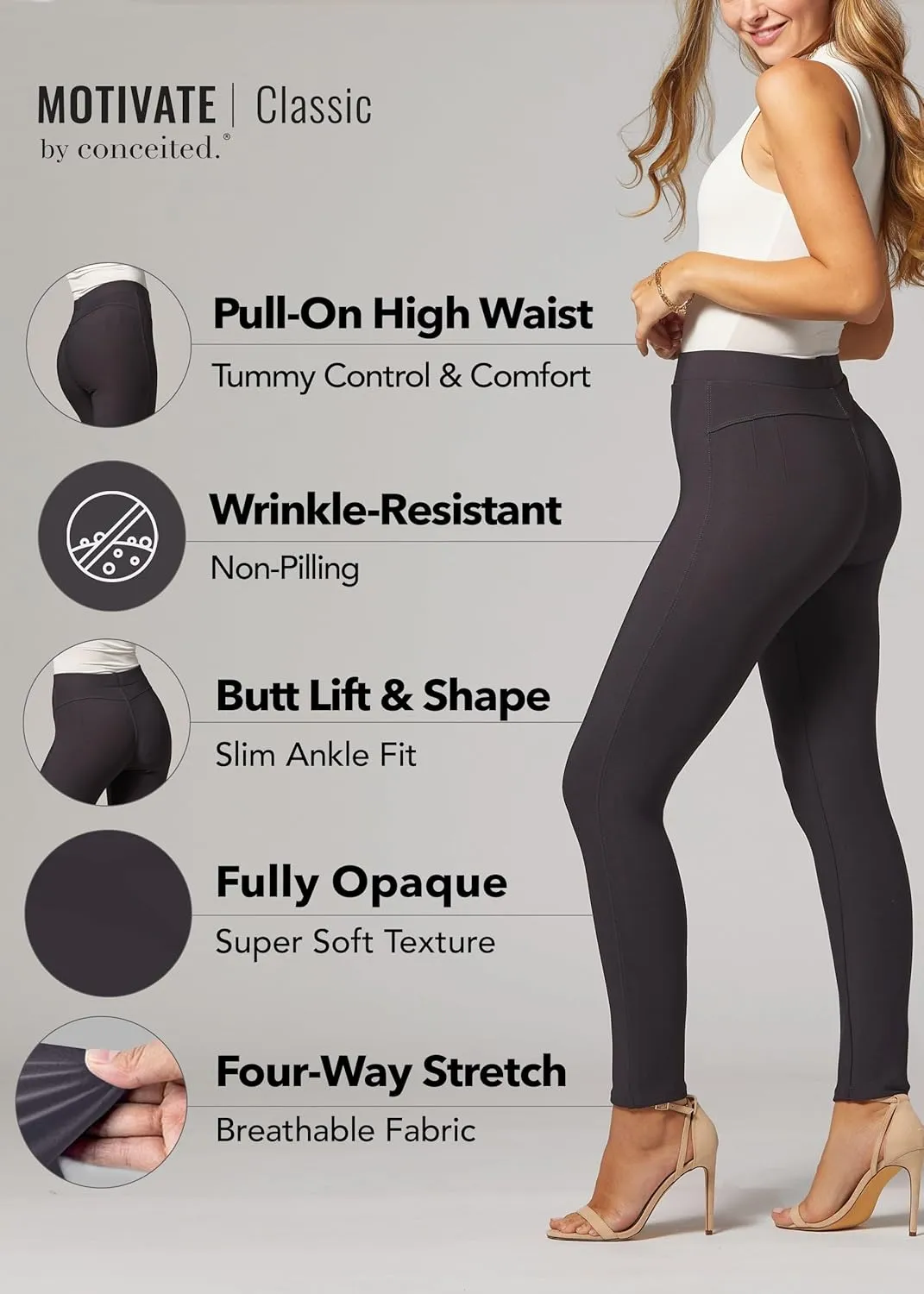 Conceited Stretch Ponte Pants for Women - Dressy Leggings - High Waist Shaping Butt Lifting