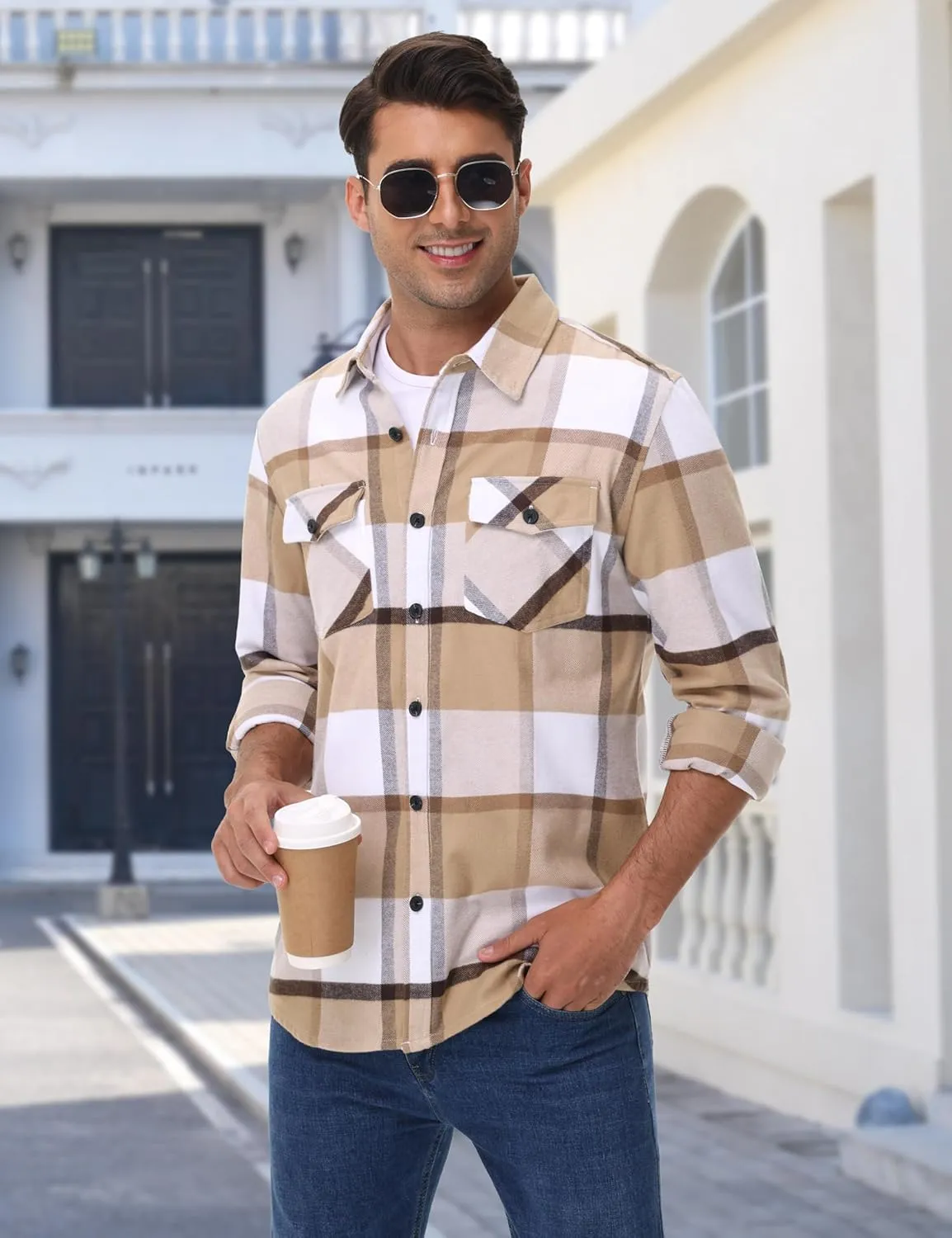 Cotrasen Mens Flannel Shirts Long Sleeve Cotton Flannel Shirt for Men Casual Button Up Plaid T-Shirt with 2 Pockets
