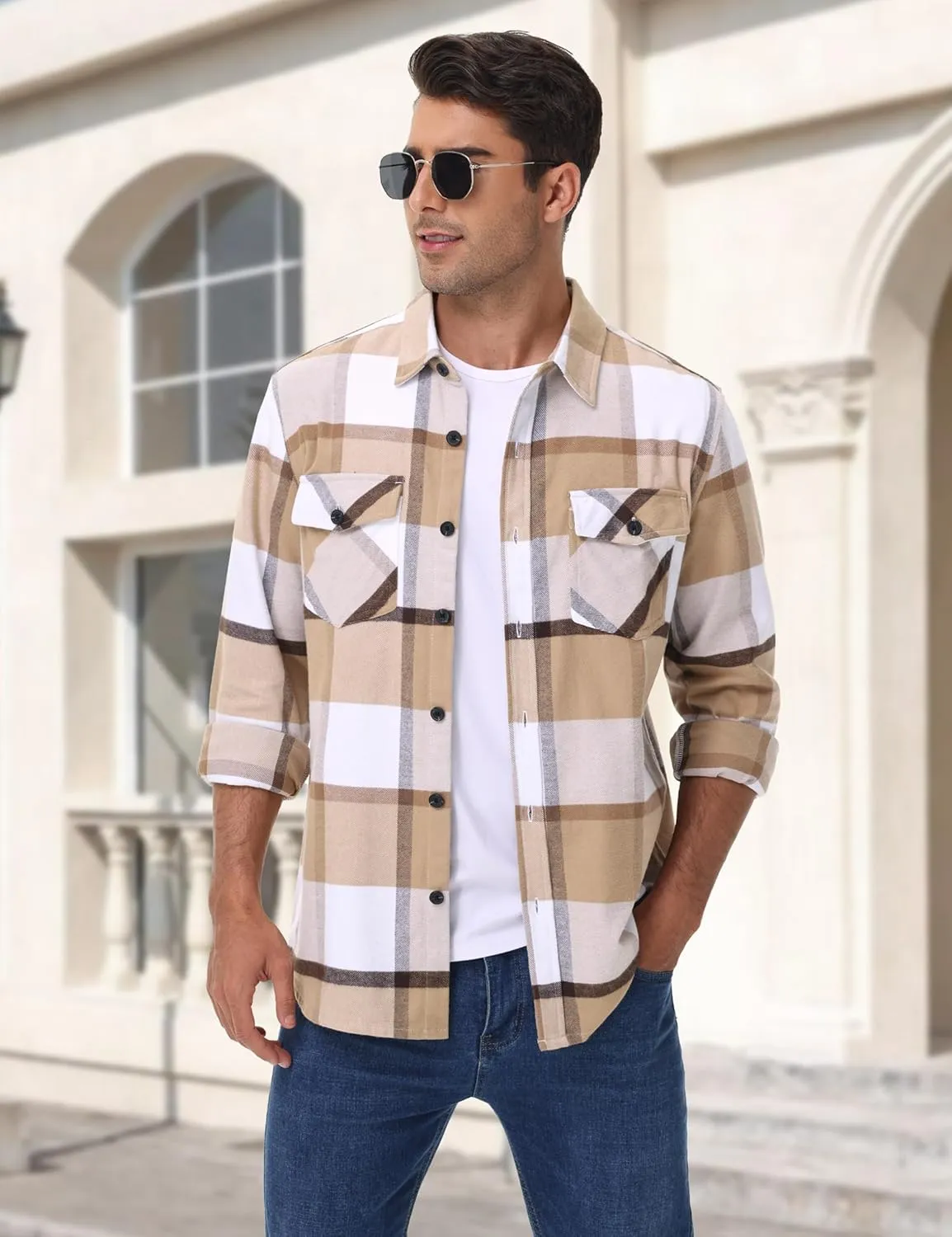 Cotrasen Mens Flannel Shirts Long Sleeve Cotton Flannel Shirt for Men Casual Button Up Plaid T-Shirt with 2 Pockets