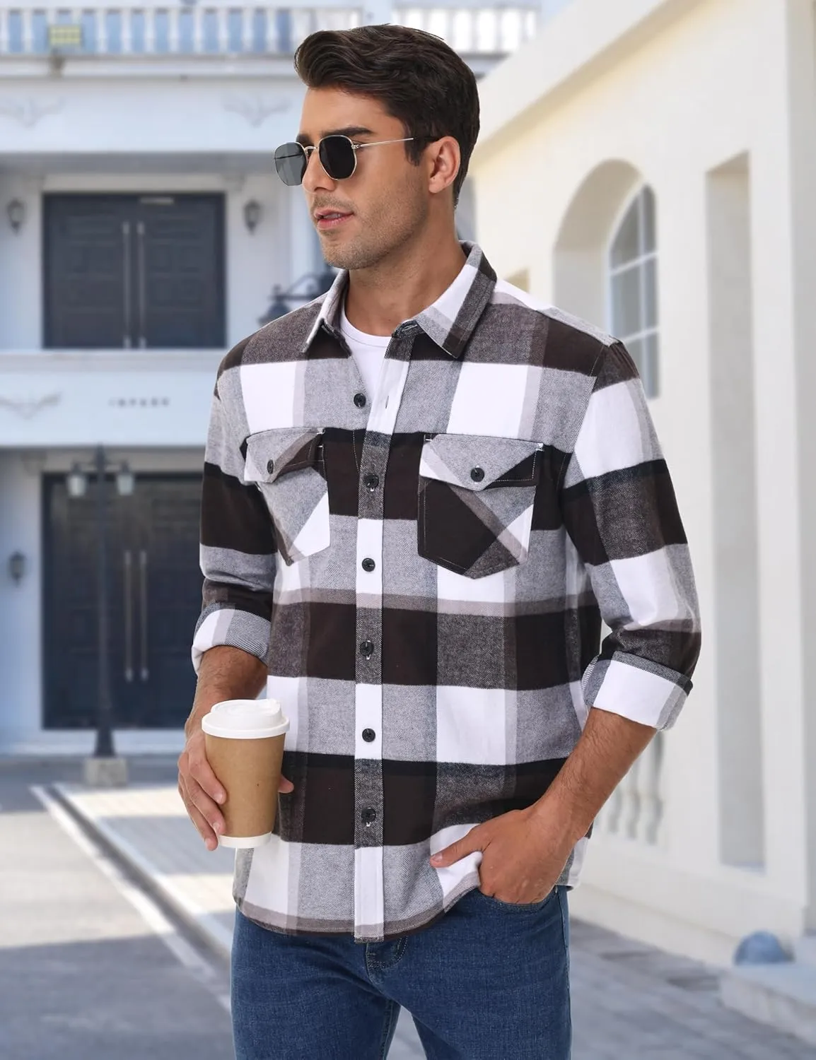 Cotrasen Mens Flannel Shirts Long Sleeve Cotton Flannel Shirt for Men Casual Button Up Plaid T-Shirt with 2 Pockets