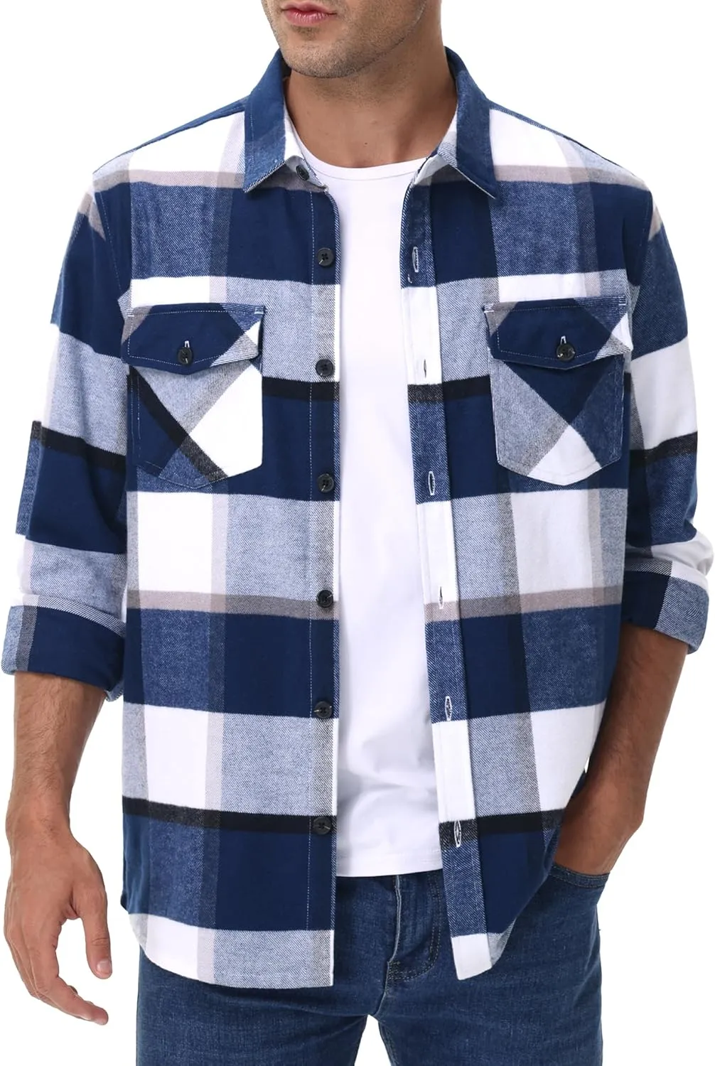 Cotrasen Mens Flannel Shirts Long Sleeve Cotton Flannel Shirt for Men Casual Button Up Plaid T-Shirt with 2 Pockets