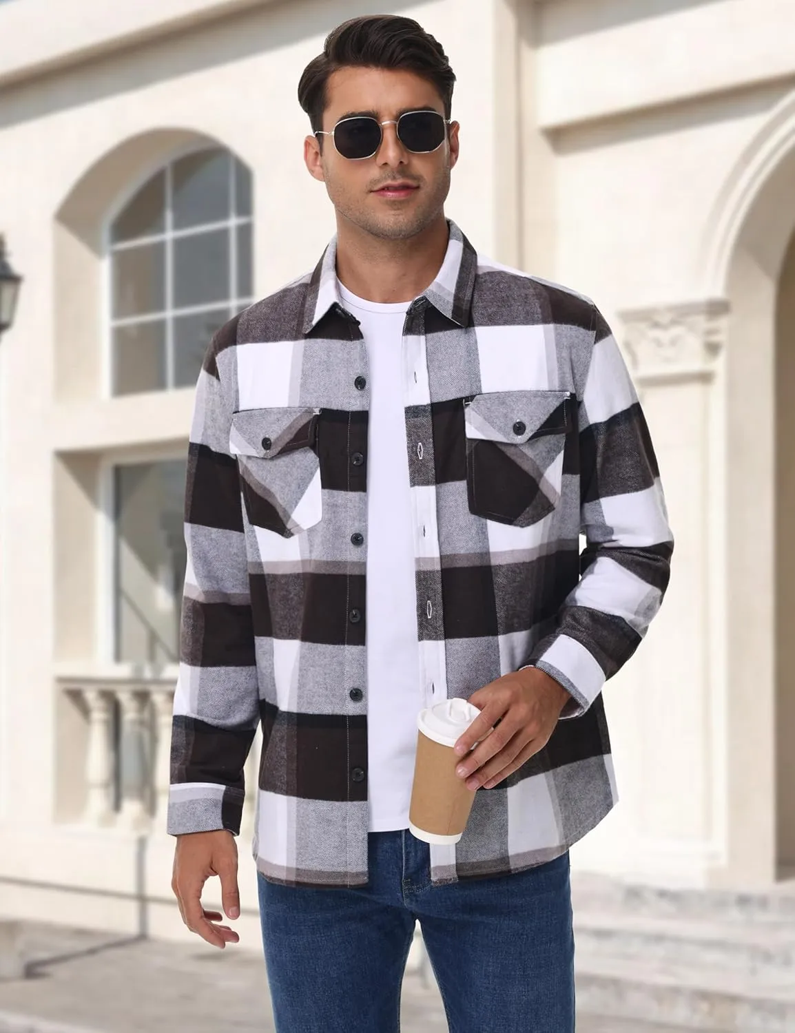 Cotrasen Mens Flannel Shirts Long Sleeve Cotton Flannel Shirt for Men Casual Button Up Plaid T-Shirt with 2 Pockets