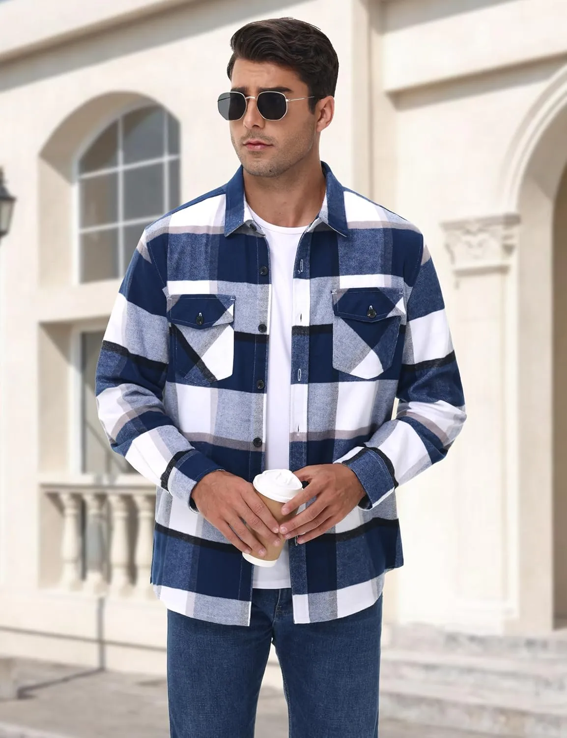 Cotrasen Mens Flannel Shirts Long Sleeve Cotton Flannel Shirt for Men Casual Button Up Plaid T-Shirt with 2 Pockets
