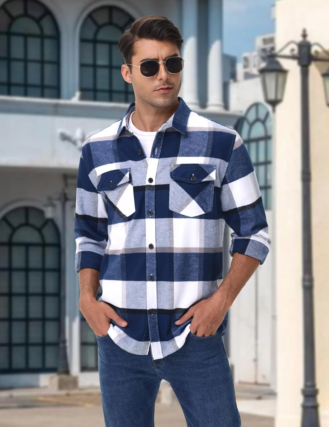 Cotrasen Mens Flannel Shirts Long Sleeve Cotton Flannel Shirt for Men Casual Button Up Plaid T-Shirt with 2 Pockets