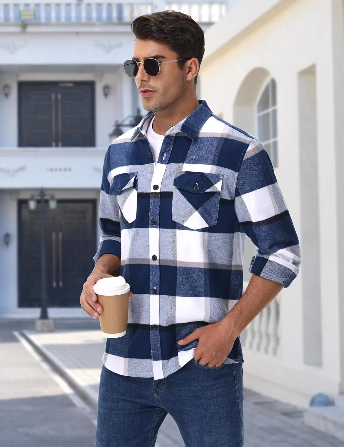 Cotrasen Mens Flannel Shirts Long Sleeve Cotton Flannel Shirt for Men Casual Button Up Plaid T-Shirt with 2 Pockets