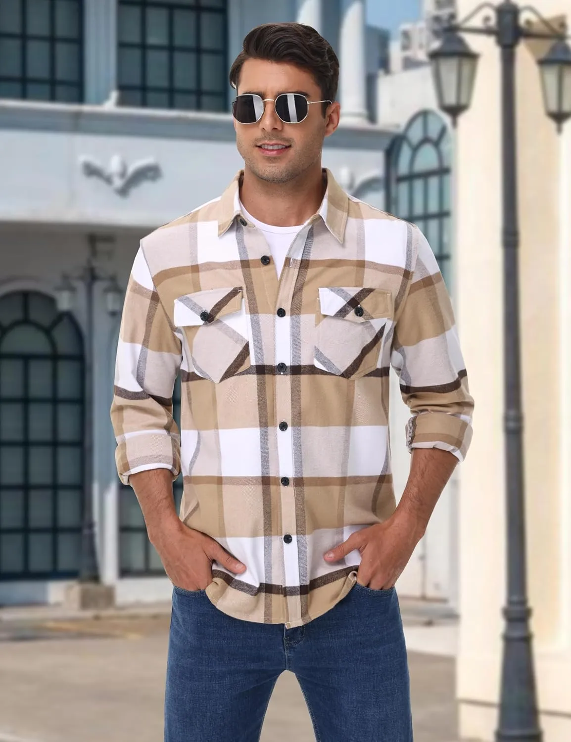 Cotrasen Mens Flannel Shirts Long Sleeve Cotton Flannel Shirt for Men Casual Button Up Plaid T-Shirt with 2 Pockets