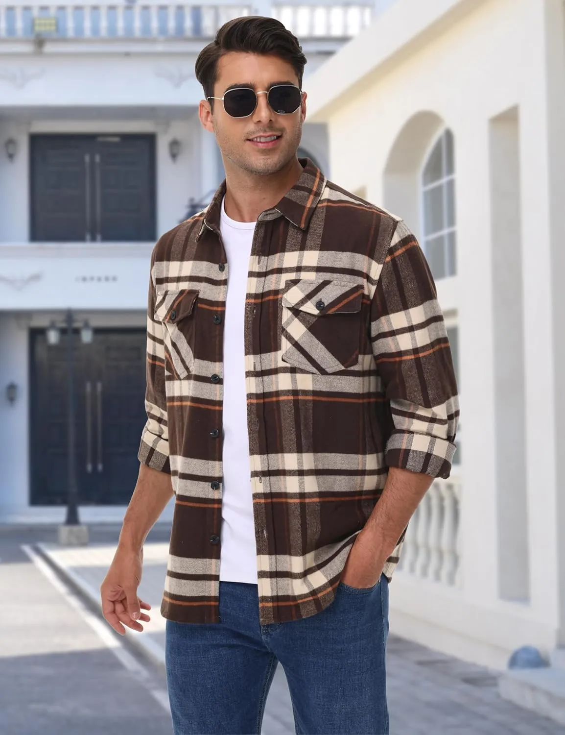 Cotrasen Mens Flannel Shirts Long Sleeve Cotton Flannel Shirt for Men Casual Button Up Plaid T-Shirt with 2 Pockets