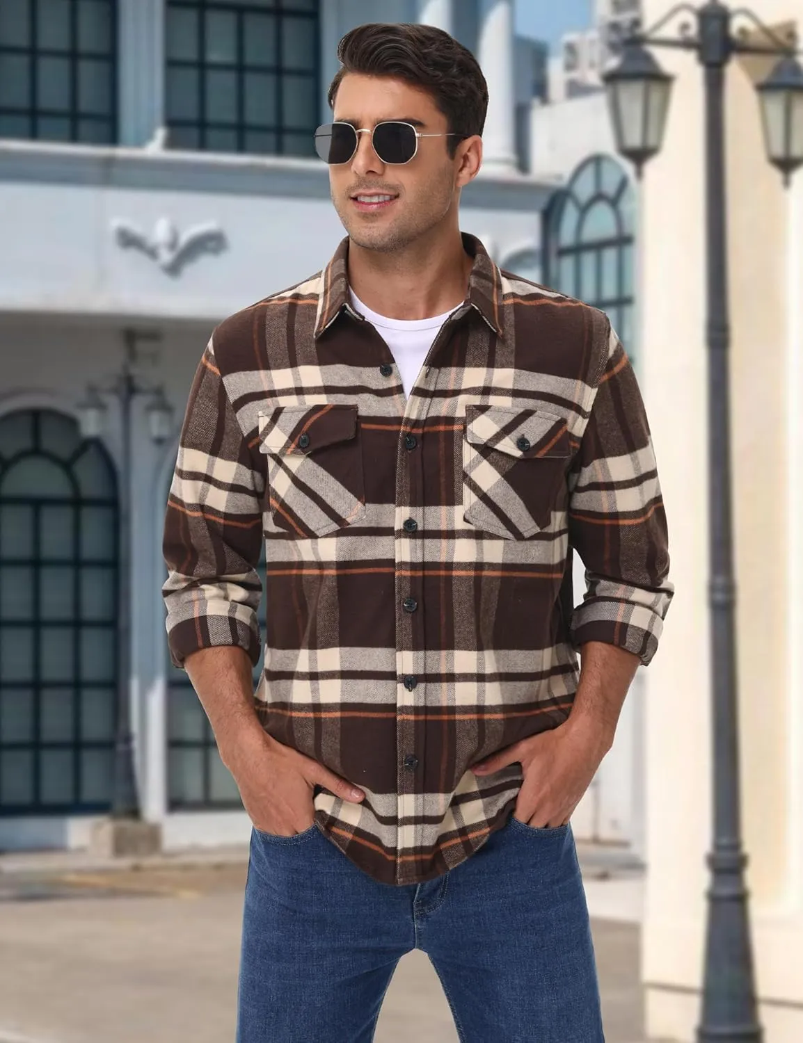 Cotrasen Mens Flannel Shirts Long Sleeve Cotton Flannel Shirt for Men Casual Button Up Plaid T-Shirt with 2 Pockets