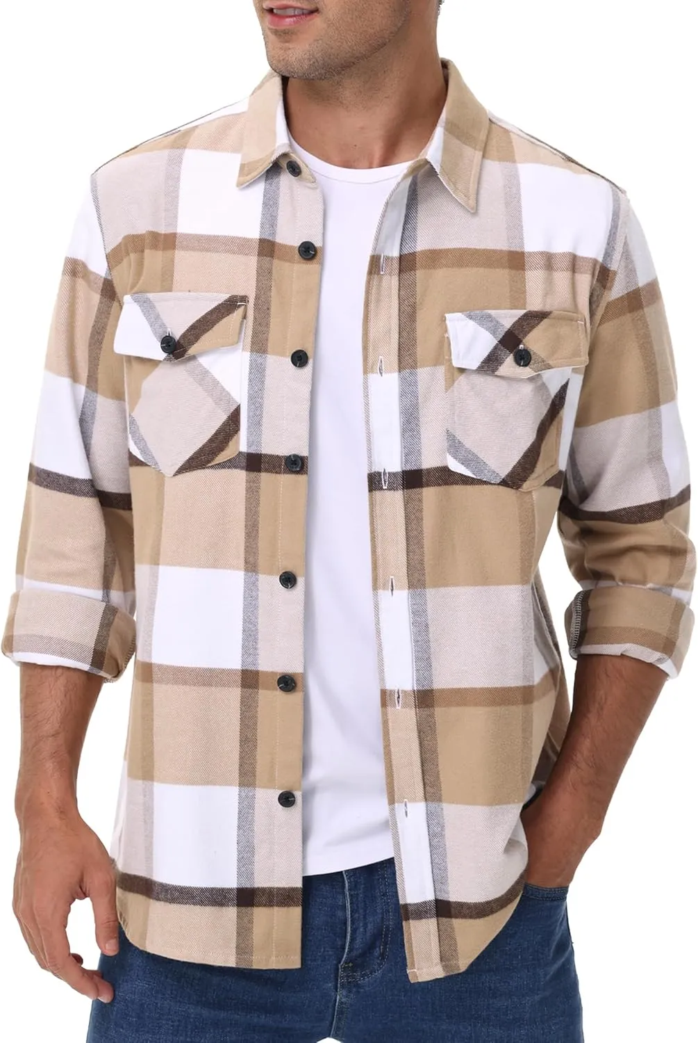 Cotrasen Mens Flannel Shirts Long Sleeve Cotton Flannel Shirt for Men Casual Button Up Plaid T-Shirt with 2 Pockets
