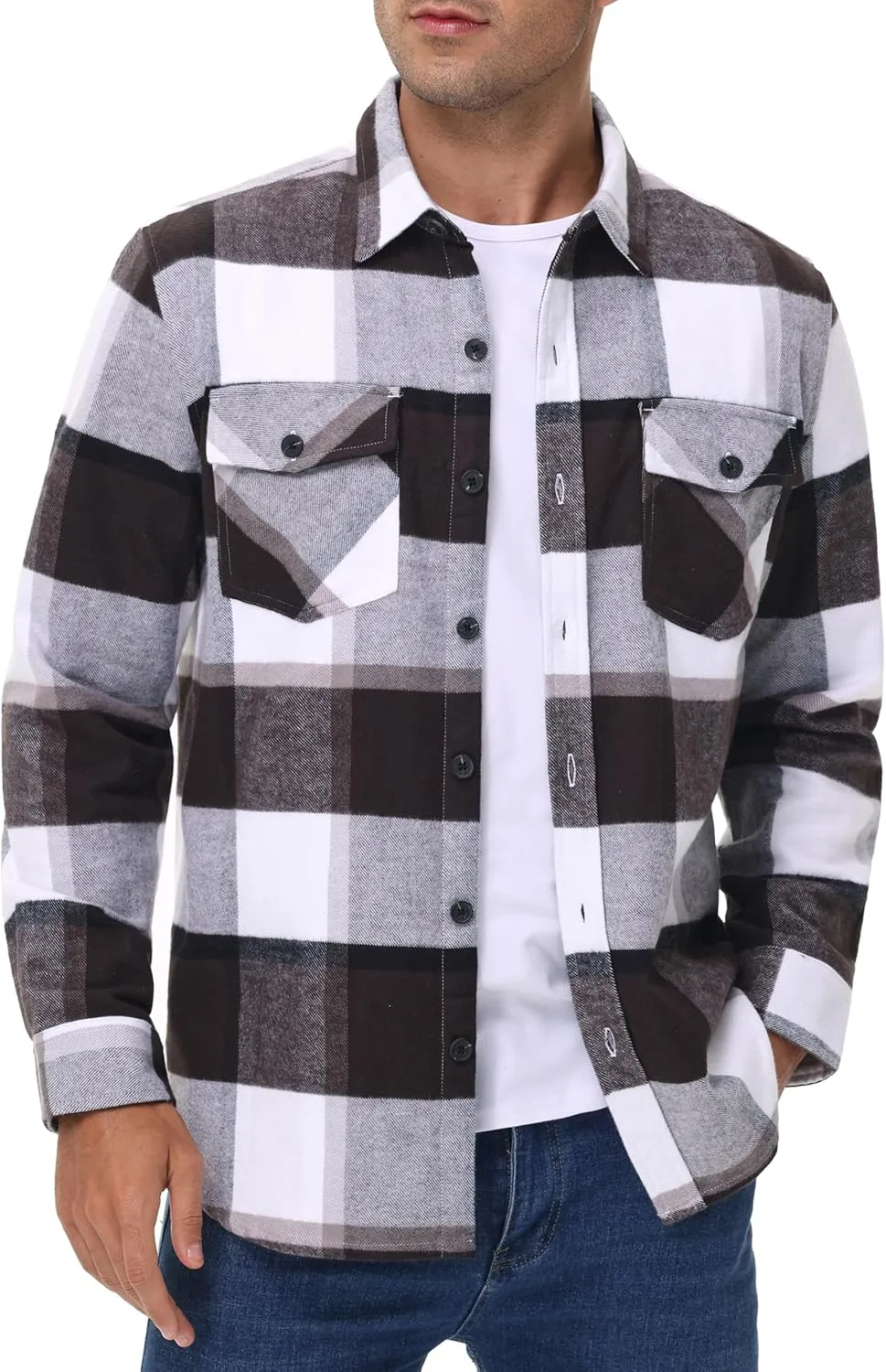 Cotrasen Mens Flannel Shirts Long Sleeve Cotton Flannel Shirt for Men Casual Button Up Plaid T-Shirt with 2 Pockets