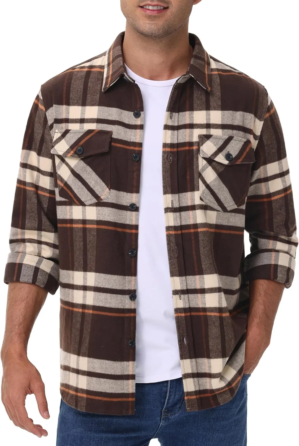 Cotrasen Mens Flannel Shirts Long Sleeve Cotton Flannel Shirt for Men Casual Button Up Plaid T-Shirt with 2 Pockets